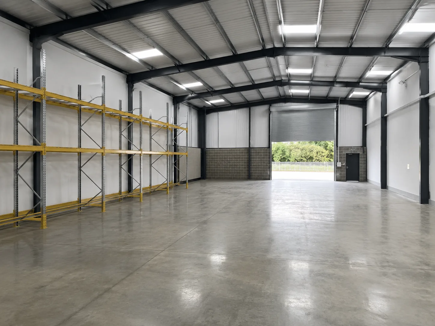 A newly fitted-out British light industrial unit with racking and a roller shutter door