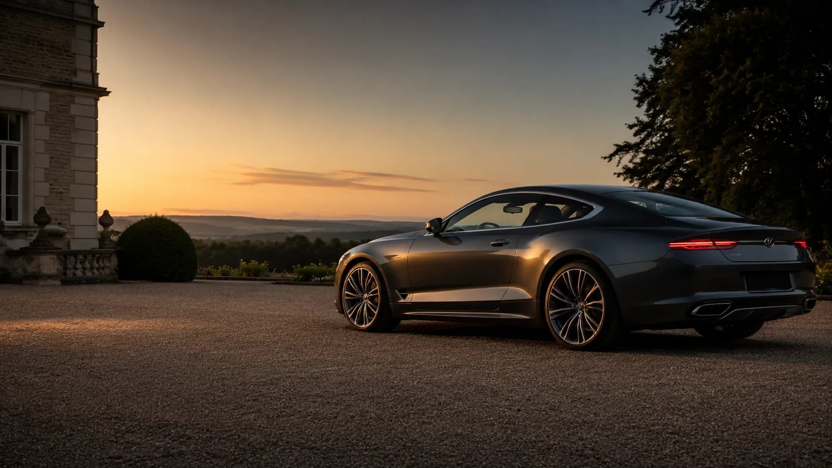 A prestige vehicle at dusk on a private forecourt