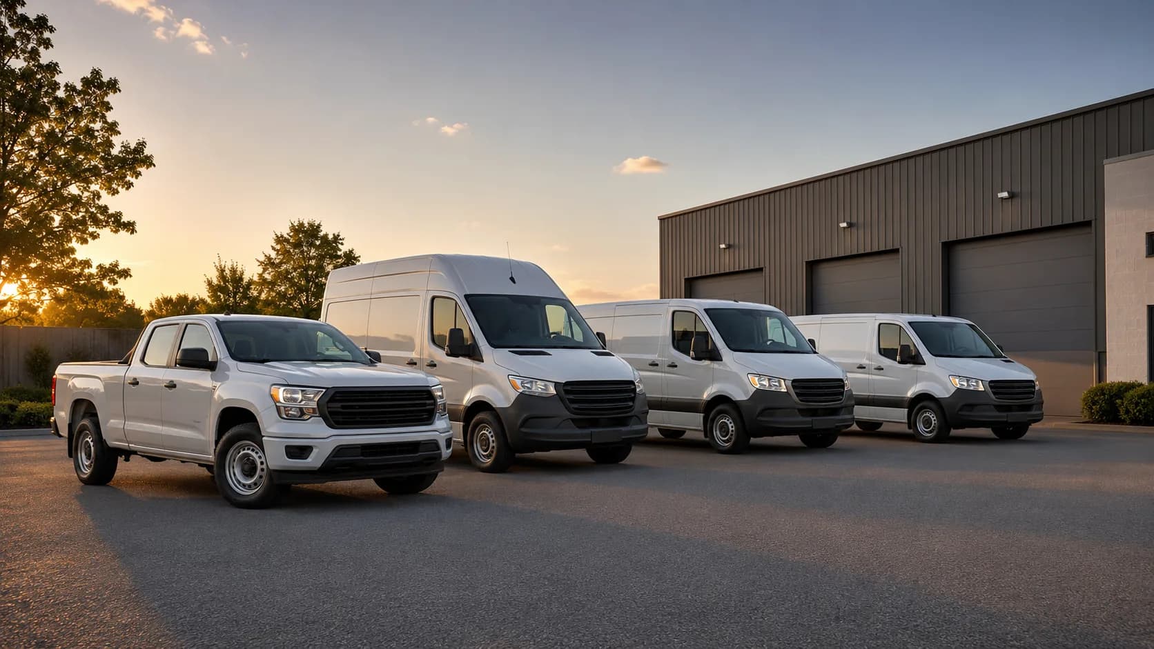 A commercial fleet of vans and vehicles parked in a yard at dusk