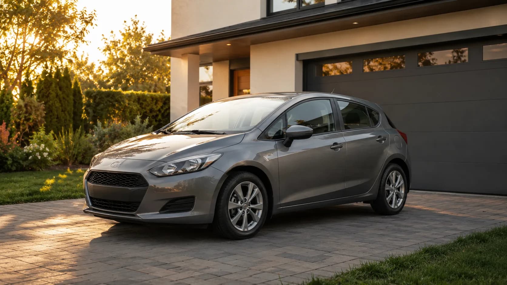 An everyday family car on a residential driveway in warm evening light