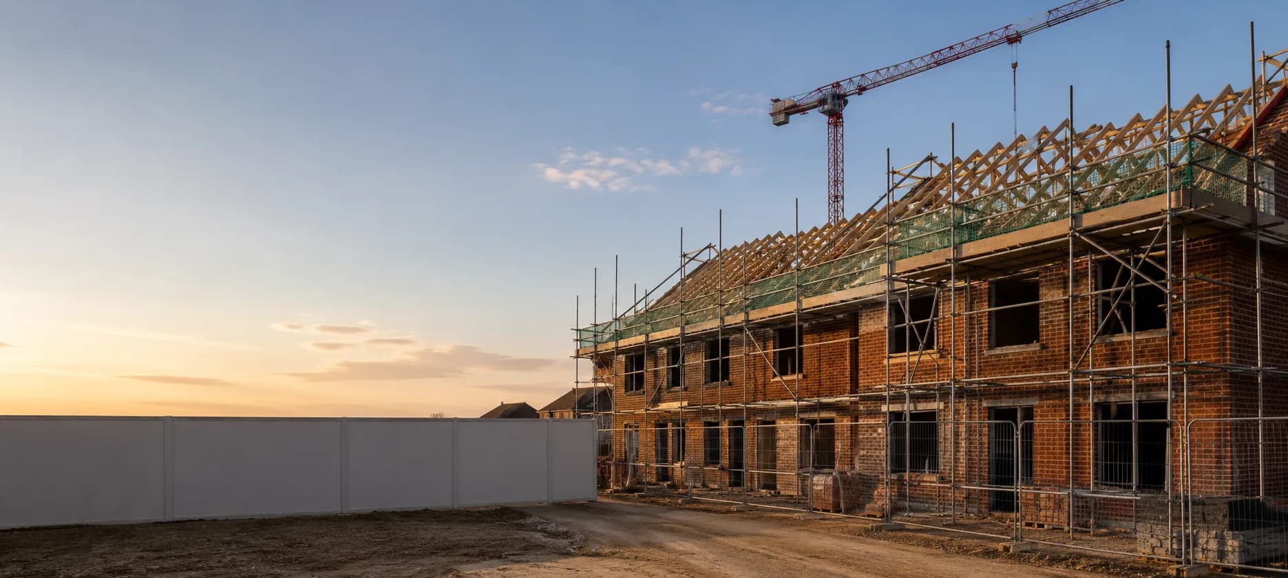 A British residential scheme under construction, scaffolded brickwork in late afternoon light