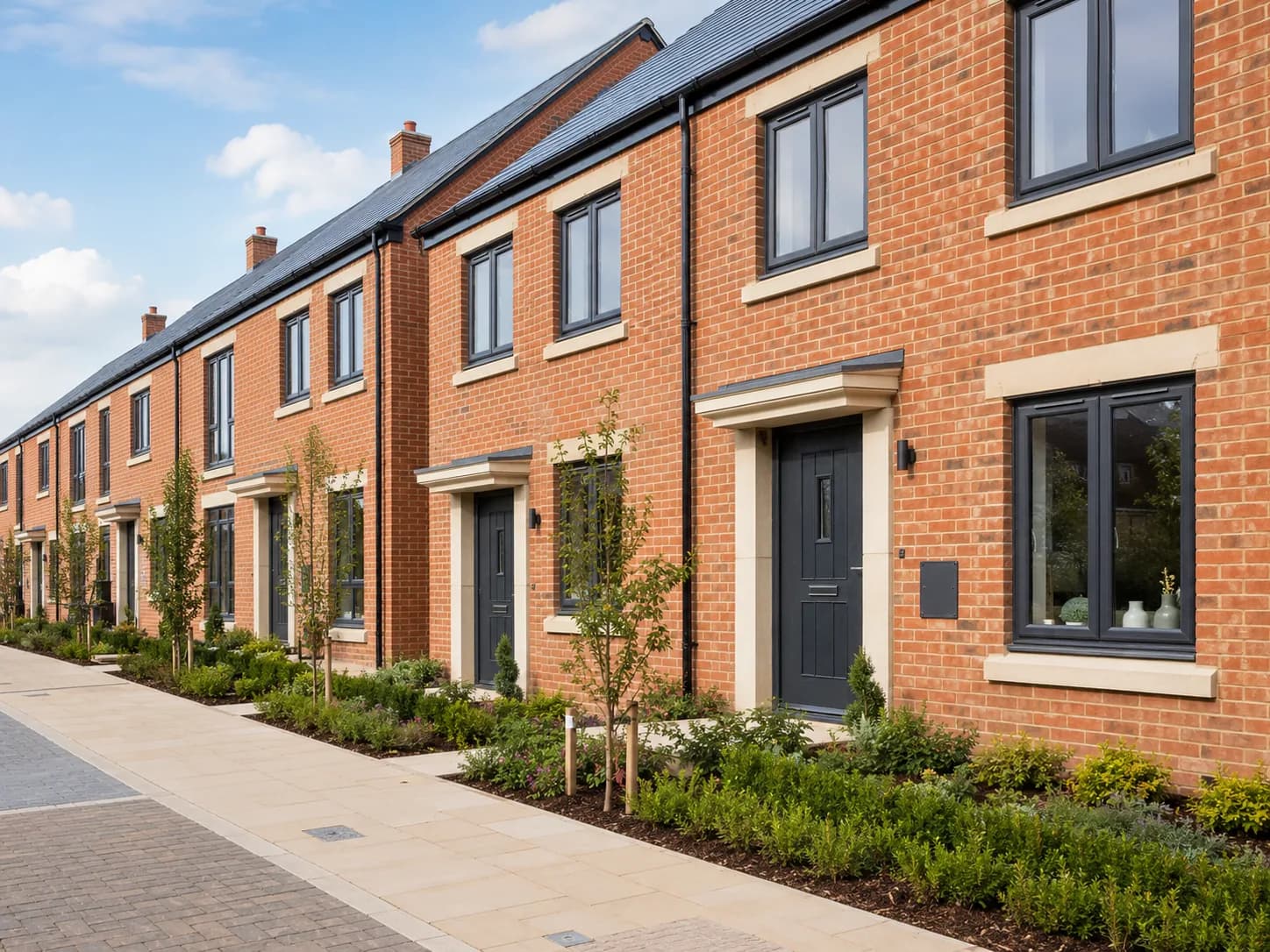 A completed terrace of new-build British brick townhouses with landscaped frontages